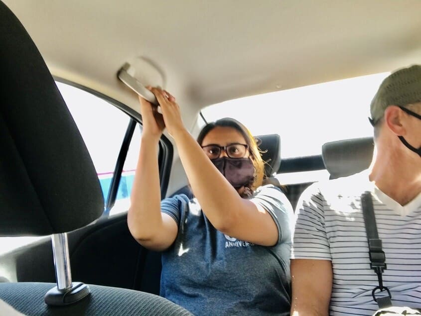 My wife and dad in an Uber in Mexico.