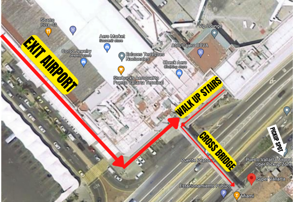 Map of the Puerto Vallarta Airport from the exit, to the bridge, across the street, to the Uber pickup spot.