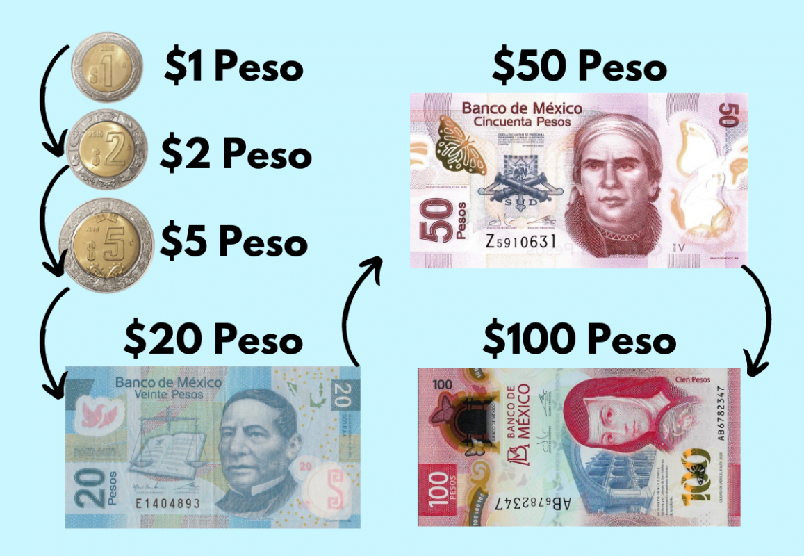 The different values of Mexican pesos.